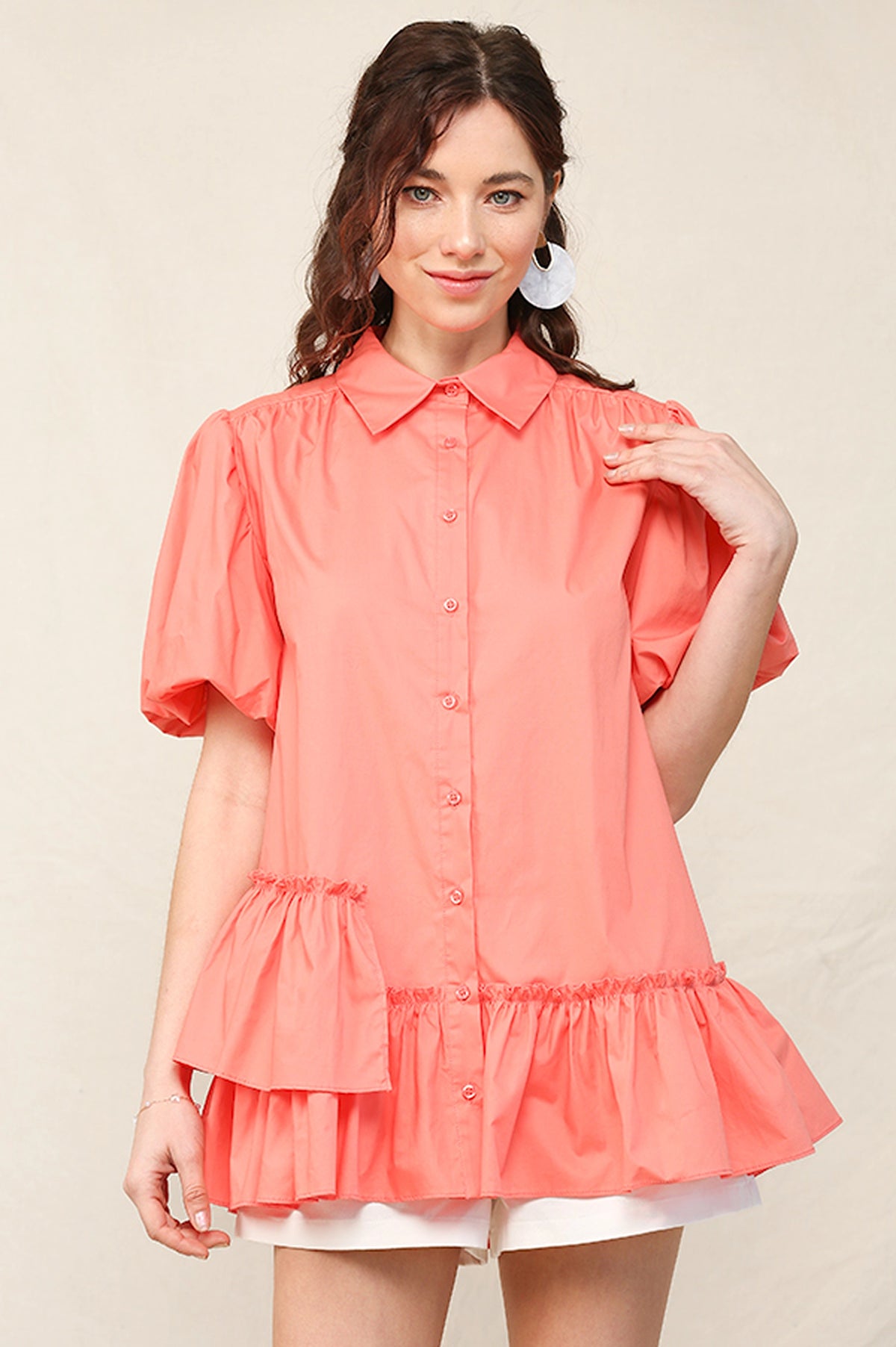 Solid Poplin Bubble Sleeve Unbalance Ruffle Detail Shirts with Button Down