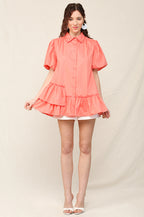 Solid Poplin Bubble Sleeve Unbalance Ruffle Detail Shirts with Button Down