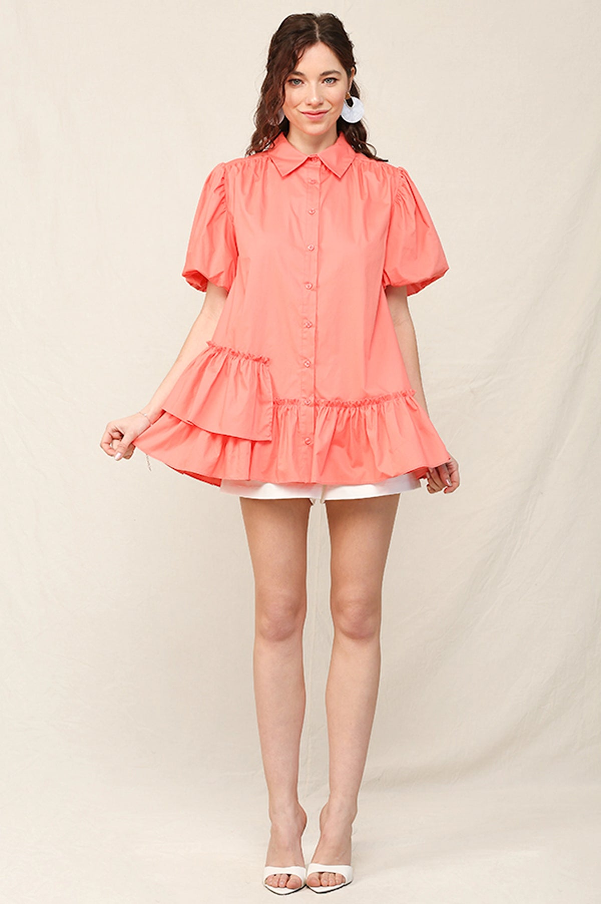 Solid Poplin Bubble Sleeve Unbalance Ruffle Detail Shirts with Button Down