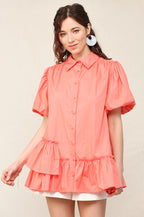 Solid Poplin Bubble Sleeve Unbalance Ruffle Detail Shirts with Button Down