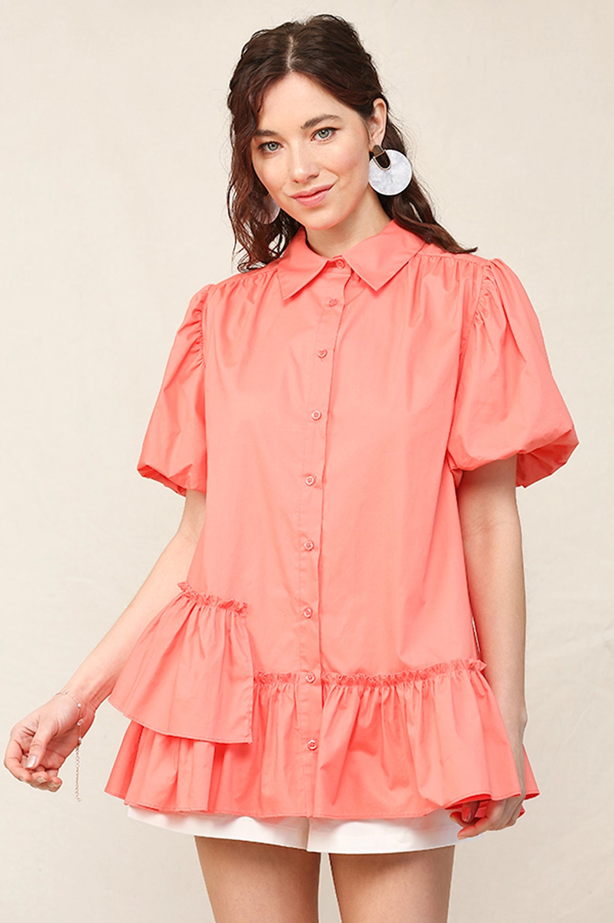 Solid Poplin Bubble Sleeve Unbalance Ruffle Detail Shirts with Button Down