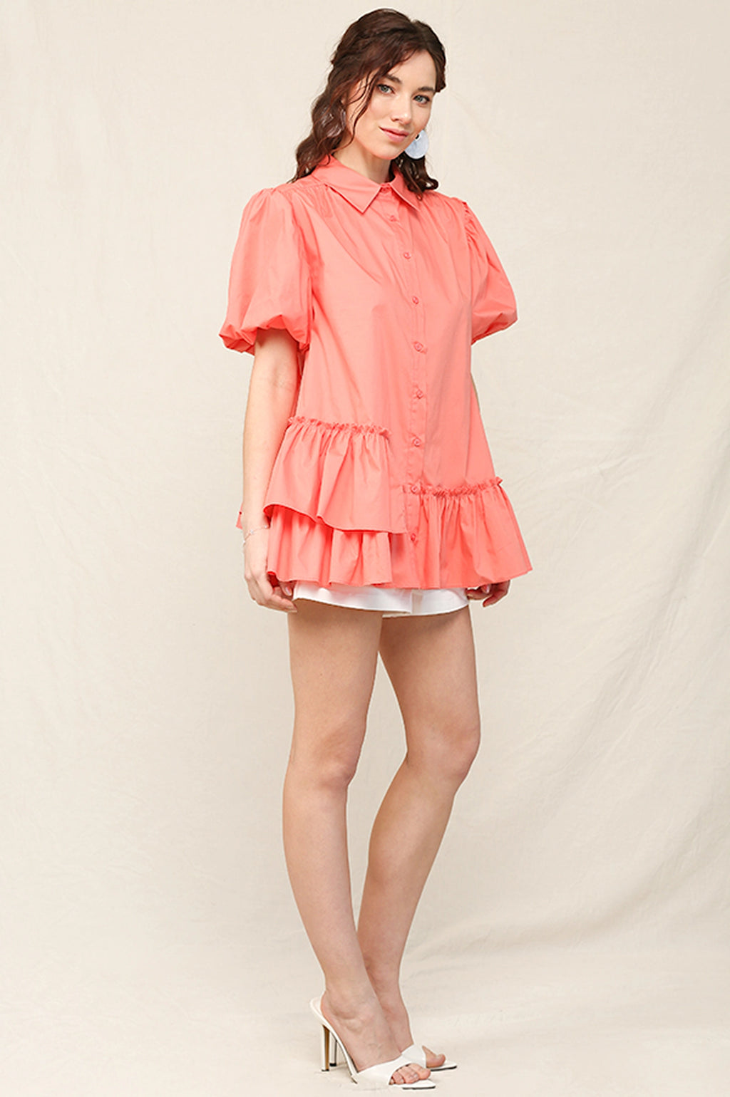 Solid Poplin Bubble Sleeve Unbalance Ruffle Detail Shirts with Button Down