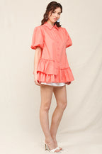 Solid Poplin Bubble Sleeve Unbalance Ruffle Detail Shirts with Button Down