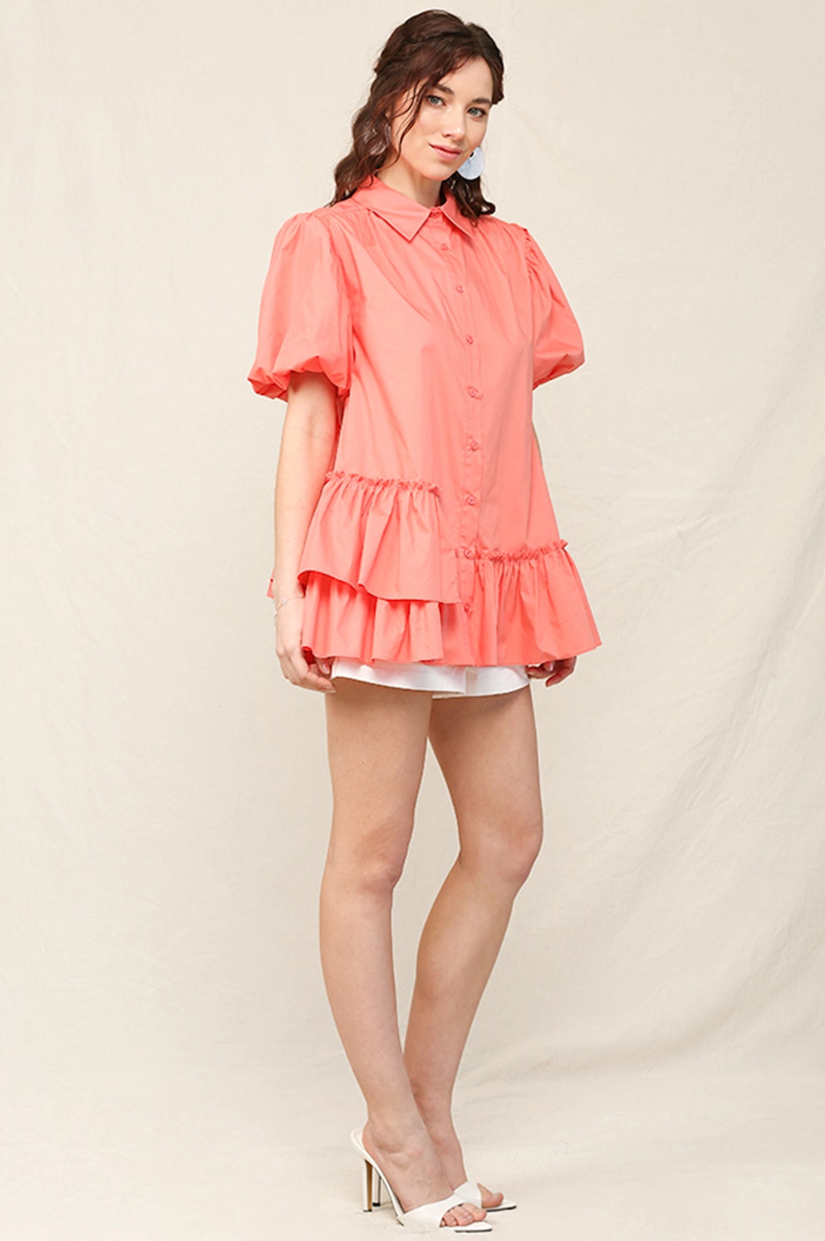 Solid Poplin Bubble Sleeve Unbalance Ruffle Detail Shirts with Button Down