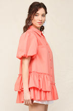 Solid Poplin Bubble Sleeve Unbalance Ruffle Detail Shirts with Button Down
