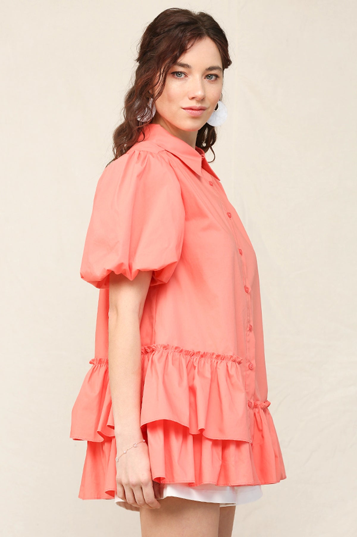 Solid Poplin Bubble Sleeve Unbalance Ruffle Detail Shirts with Button Down