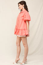 Solid Poplin Bubble Sleeve Unbalance Ruffle Detail Shirts with Button Down
