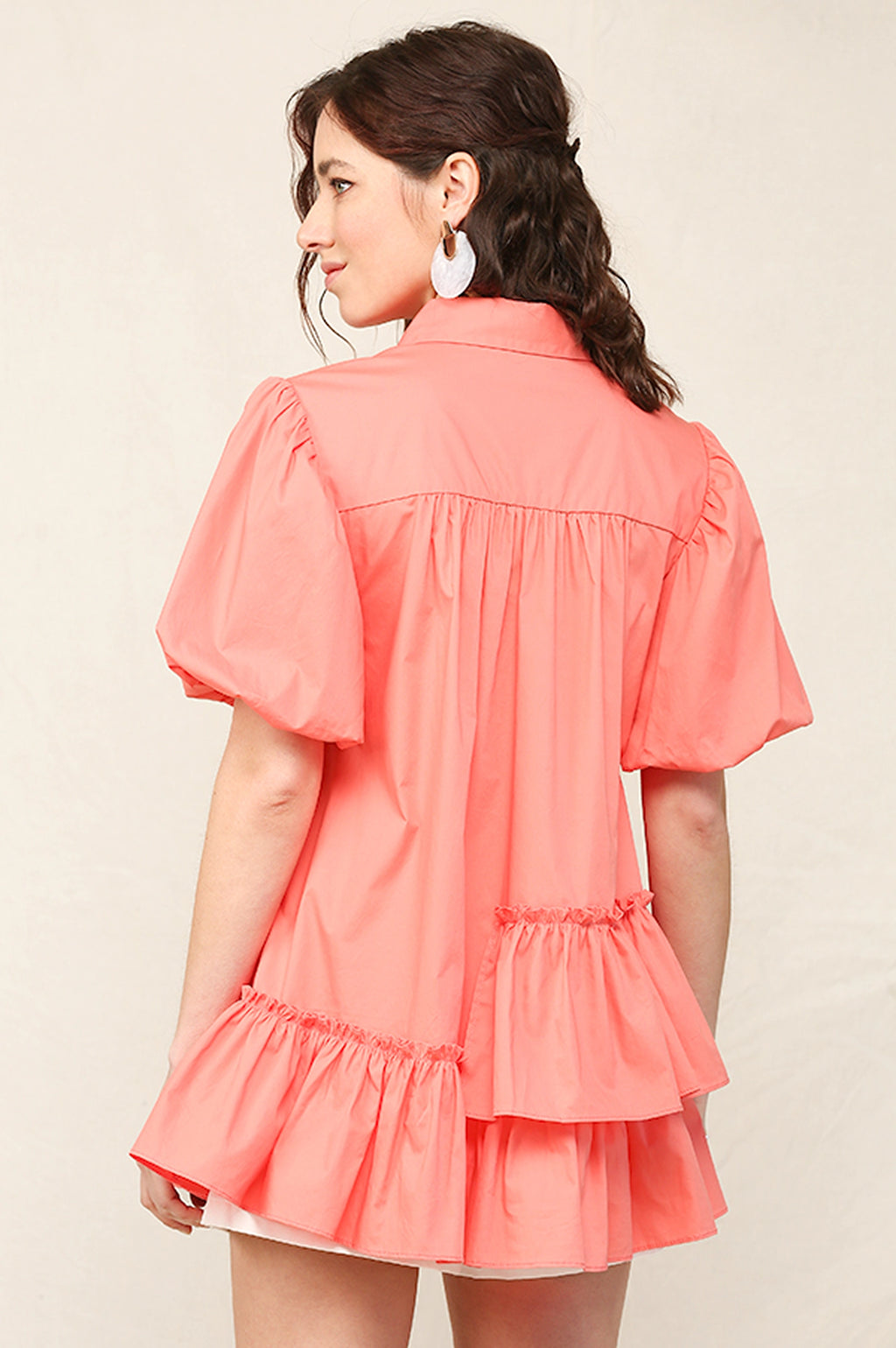 Solid Poplin Bubble Sleeve Unbalance Ruffle Detail Shirts with Button Down