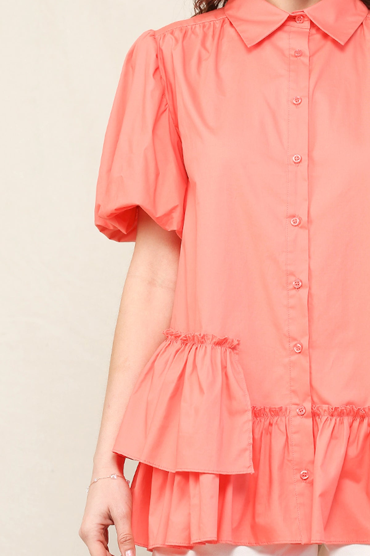 Solid Poplin Bubble Sleeve Unbalance Ruffle Detail Shirts with Button Down