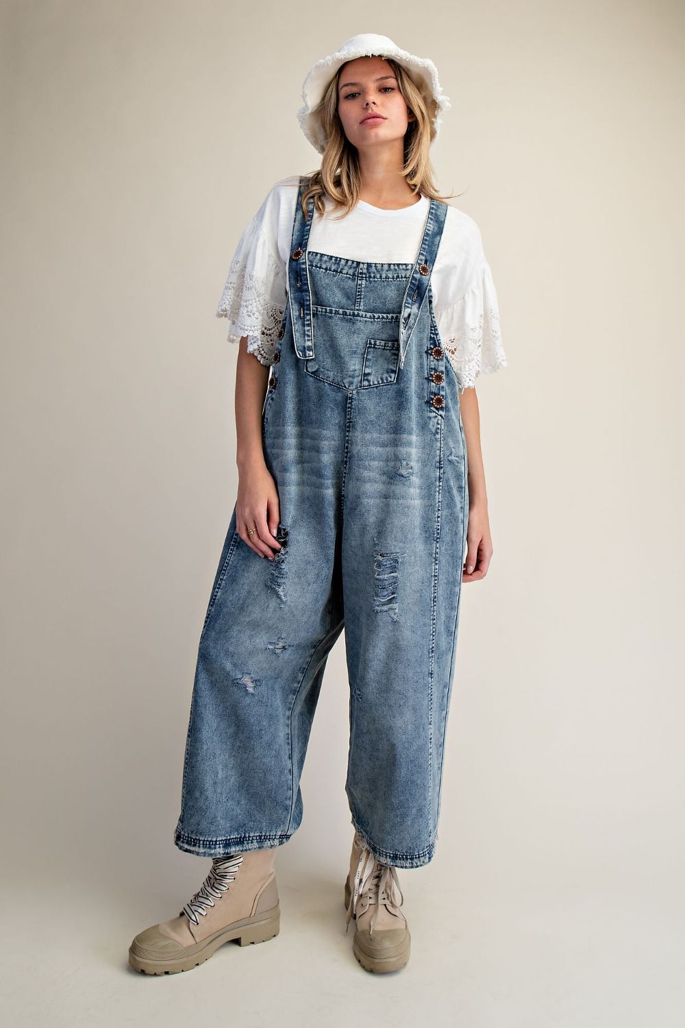 Washed Denim Loose Fit Overalls