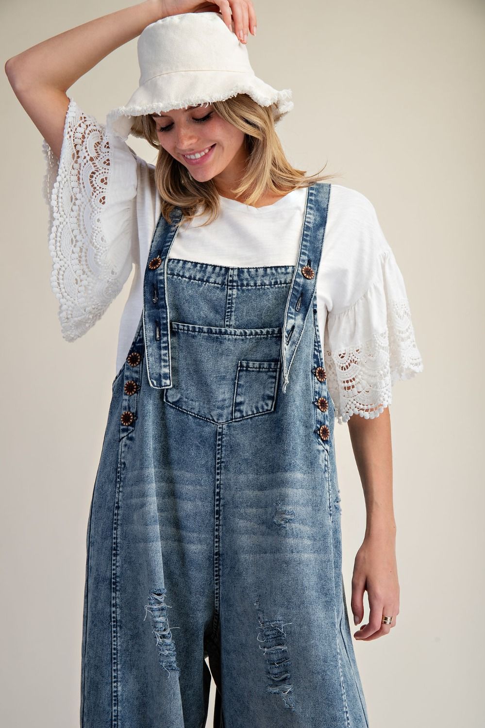 Washed Denim Loose Fit Overalls
