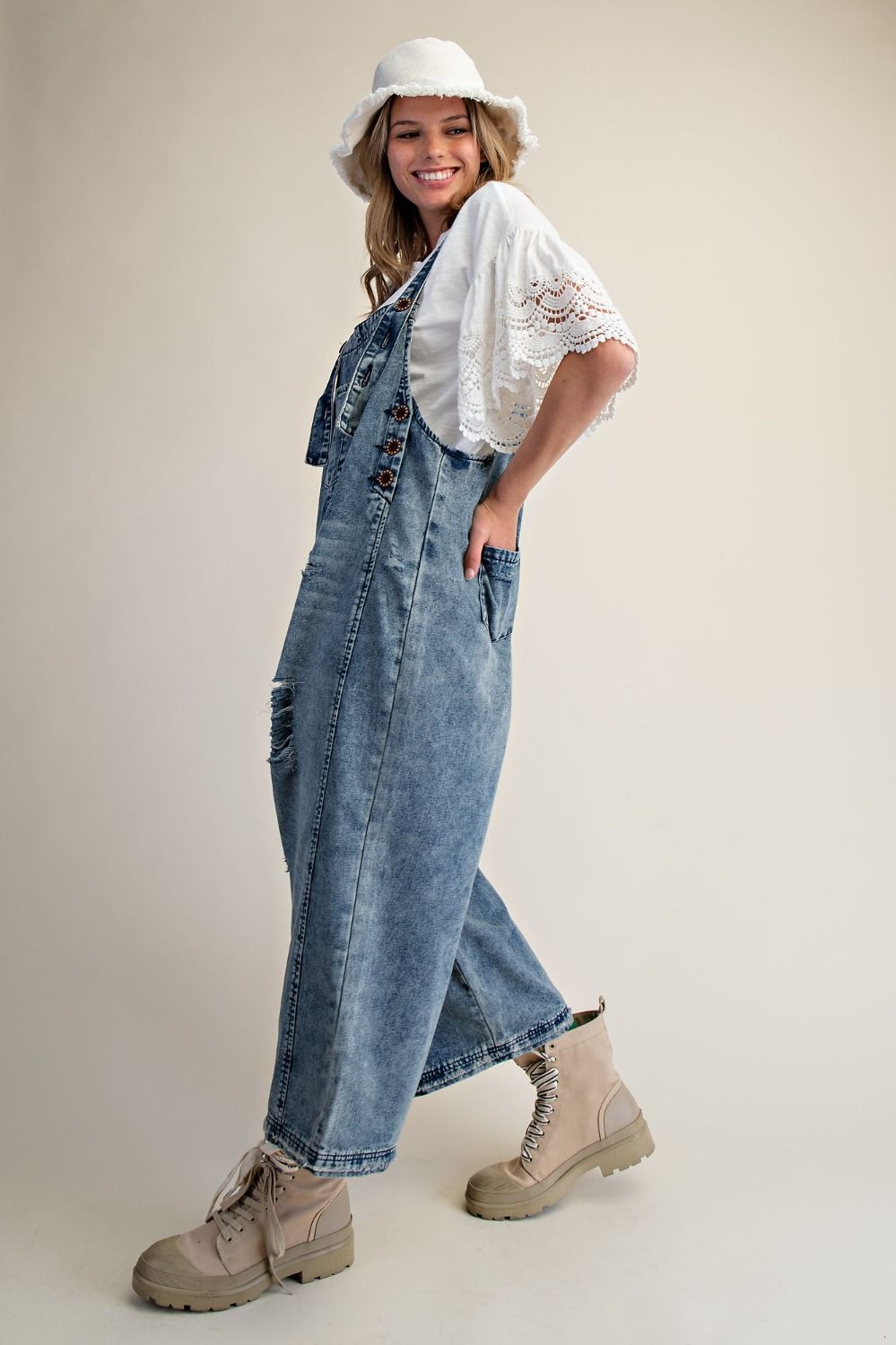 Washed Denim Loose Fit Overalls