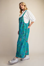 Floral Printed Vintage Washed Overalls/Jumpsuit