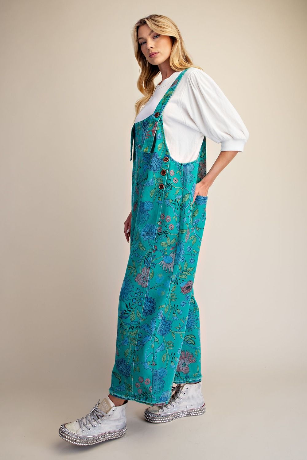 Floral Printed Vintage Washed Overalls/Jumpsuit