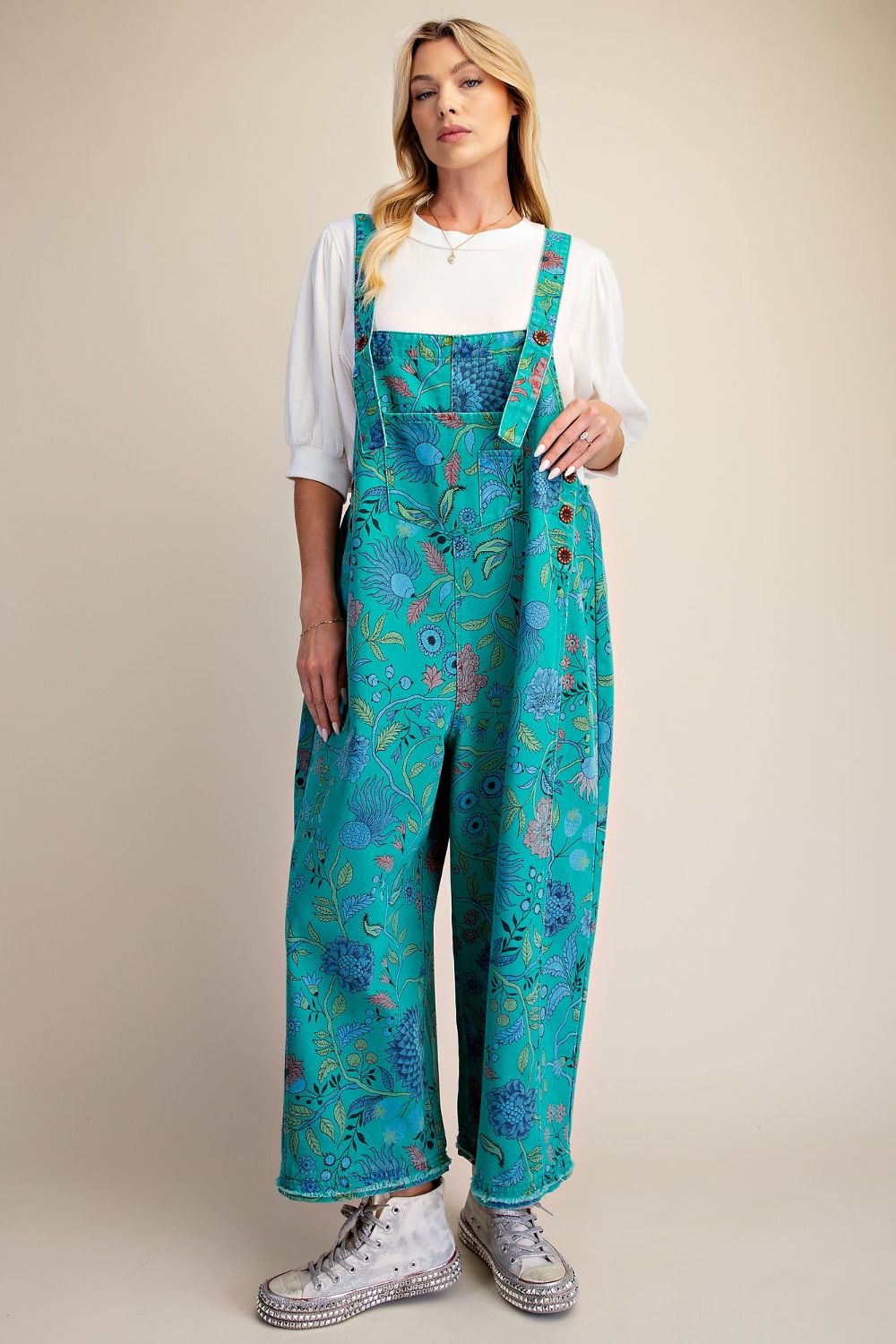 Floral Printed Vintage Washed Overalls/Jumpsuit