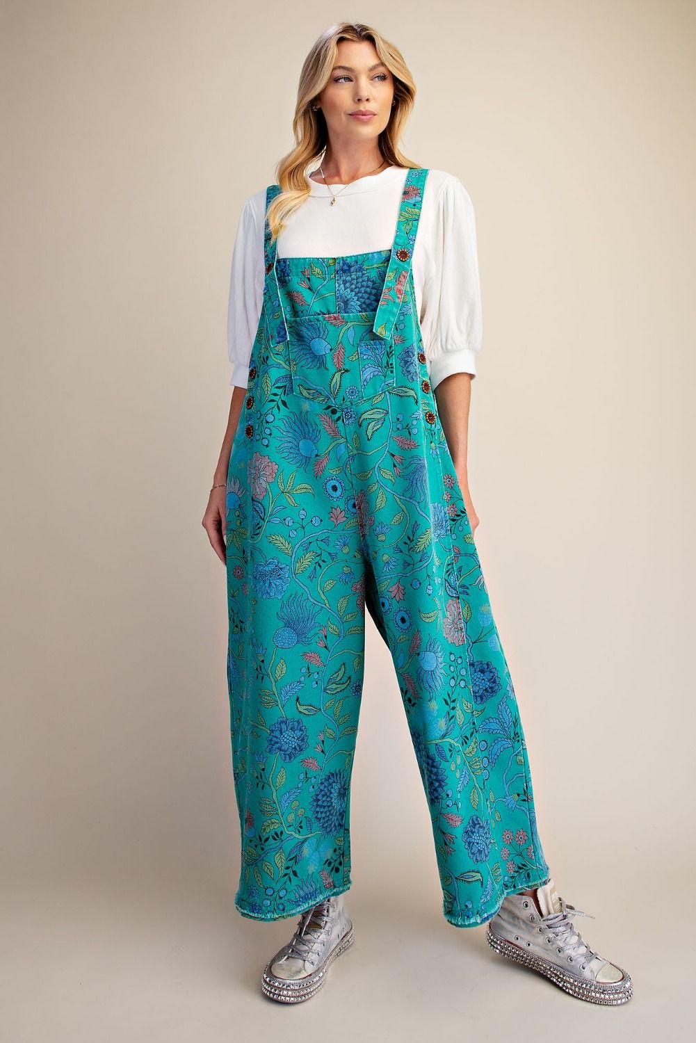Floral Printed Vintage Washed Overalls/Jumpsuit