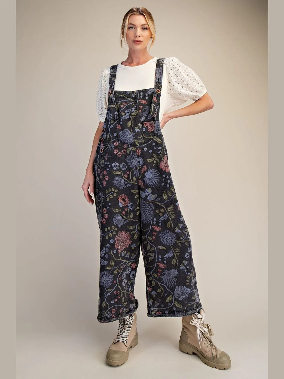 Floral Printed Vintage Washed Overalls/Jumpsuit