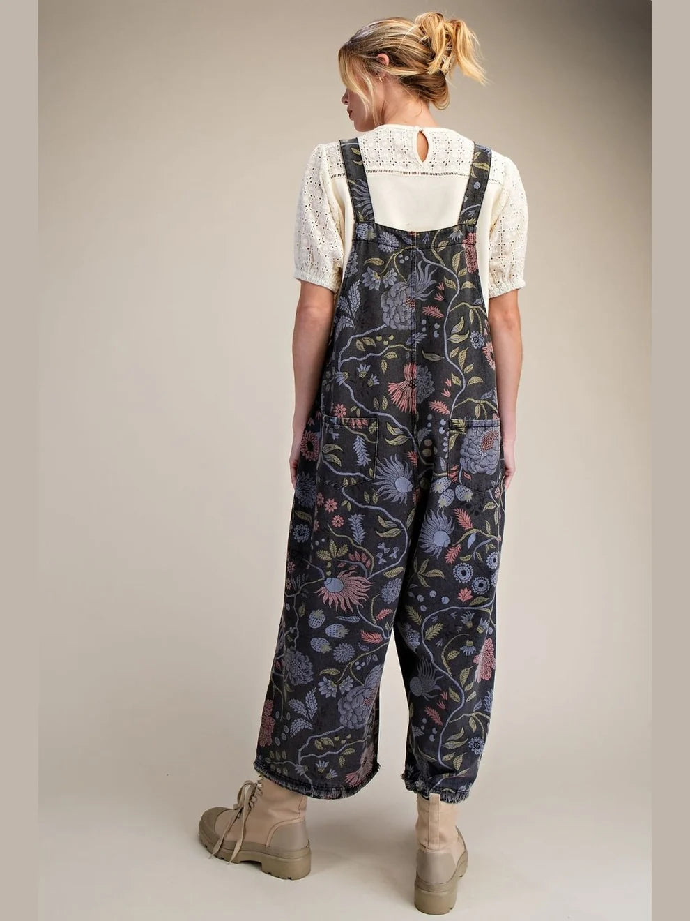 Floral Printed Vintage Washed Overalls/Jumpsuit