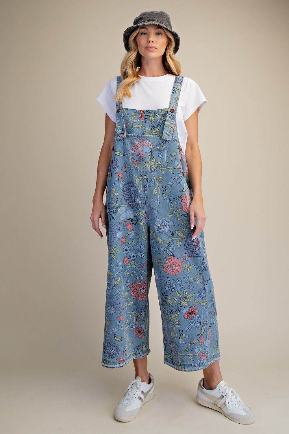 Floral Printed Vintage Washed Overalls/Jumpsuit