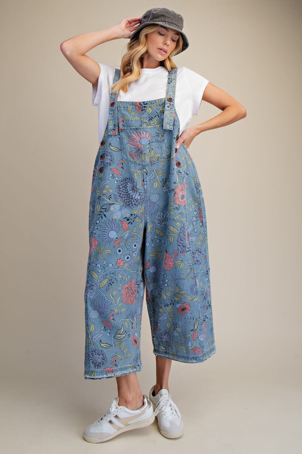 Floral Printed Vintage Washed Overalls/Jumpsuit
