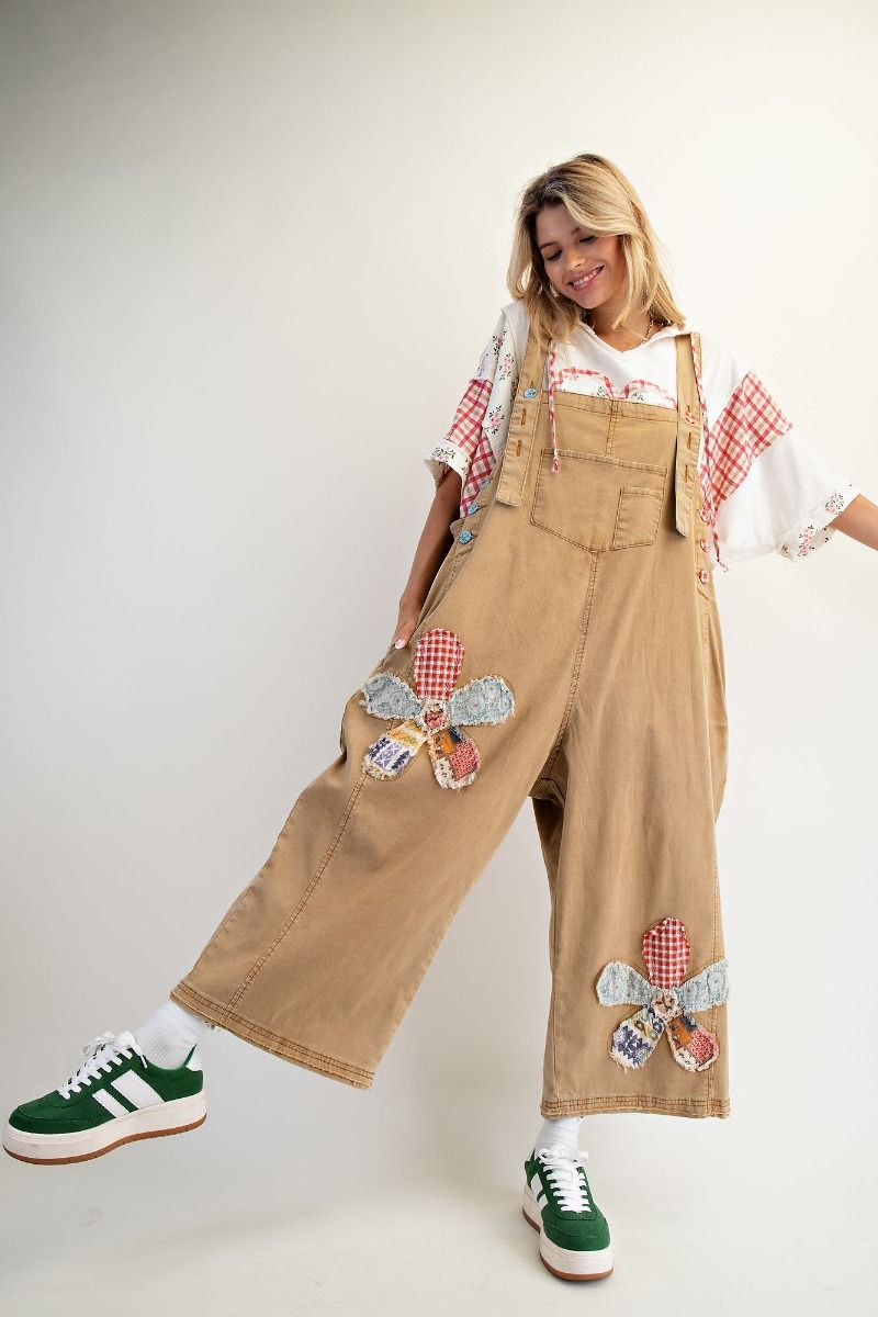 Flower Patch Washed Denim Overalls