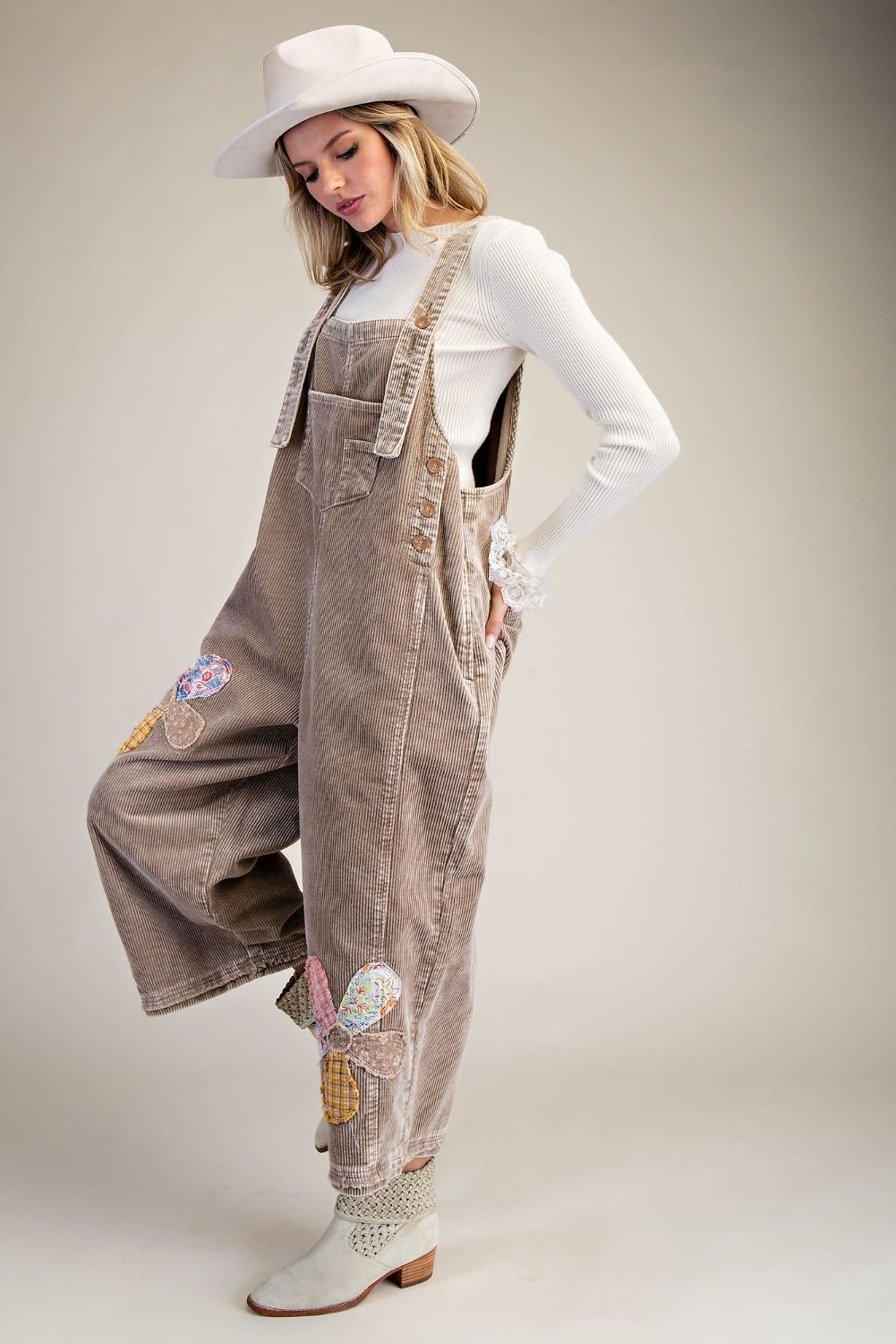 Flower Patch Washed Corduroy Denim Overalls
