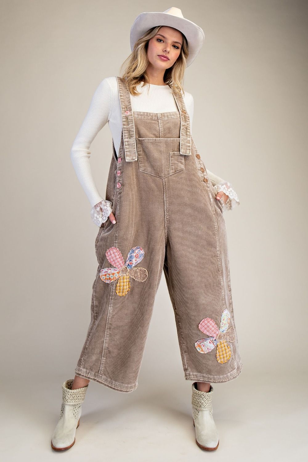 Flower Patch Washed Corduroy Denim Overalls