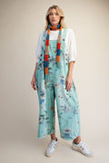 Flower Printed Washed Denim Overalls