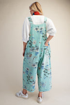 Flower Printed Washed Denim Overalls