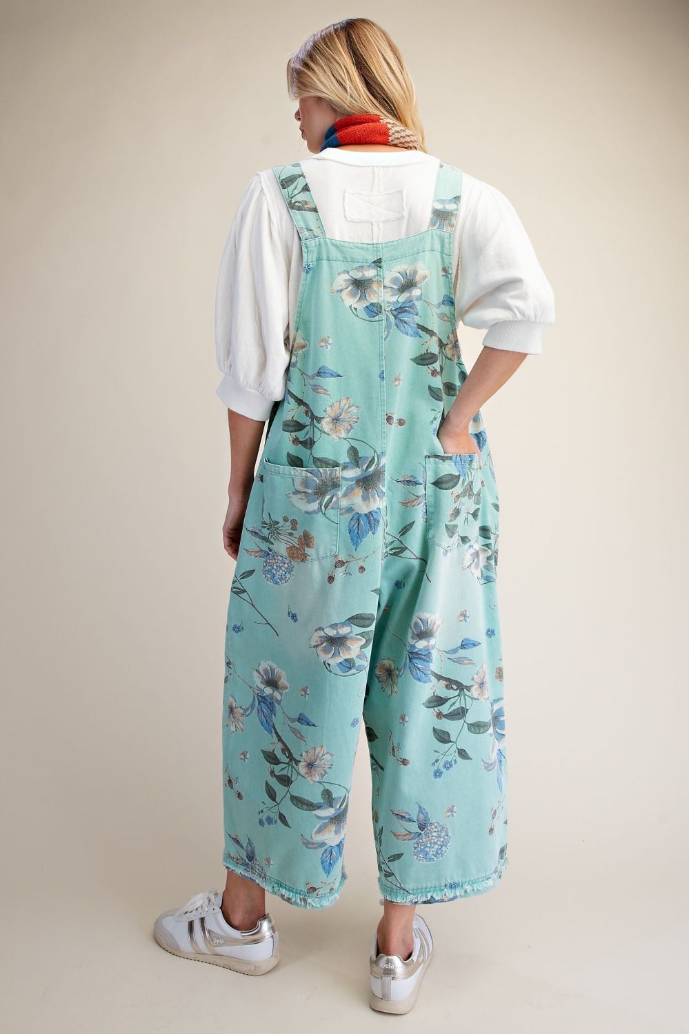 Flower Printed Washed Denim Overalls