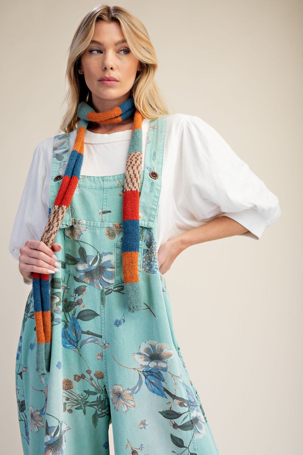 Flower Printed Washed Denim Overalls