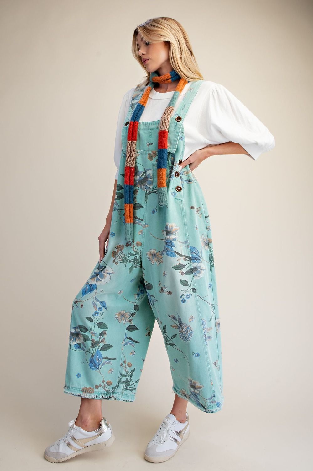Flower Printed Washed Denim Overalls
