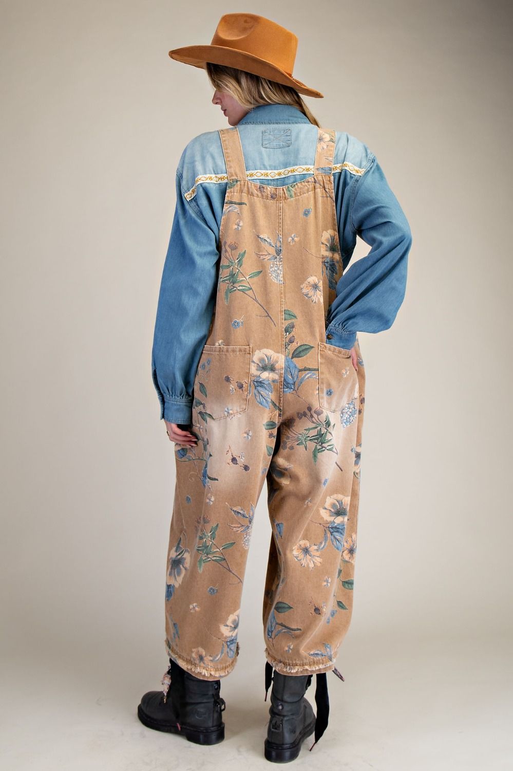 Flower Printed Washed Denim Overalls