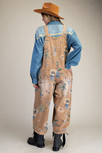 Flower Printed Washed Denim Overalls