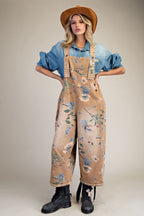 Flower Printed Washed Denim Overalls