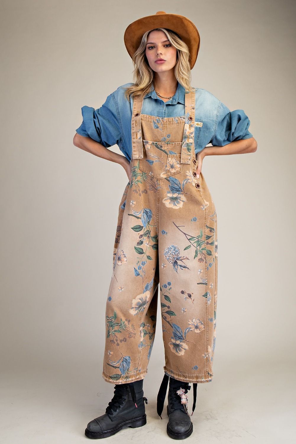 Flower Printed Washed Denim Overalls