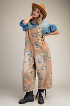 Flower Printed Washed Denim Overalls