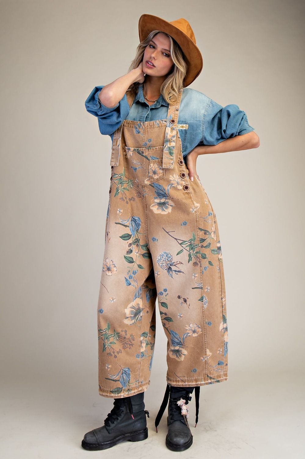 Flower Printed Washed Denim Overalls
