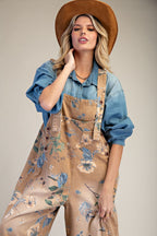 Flower Printed Washed Denim Overalls