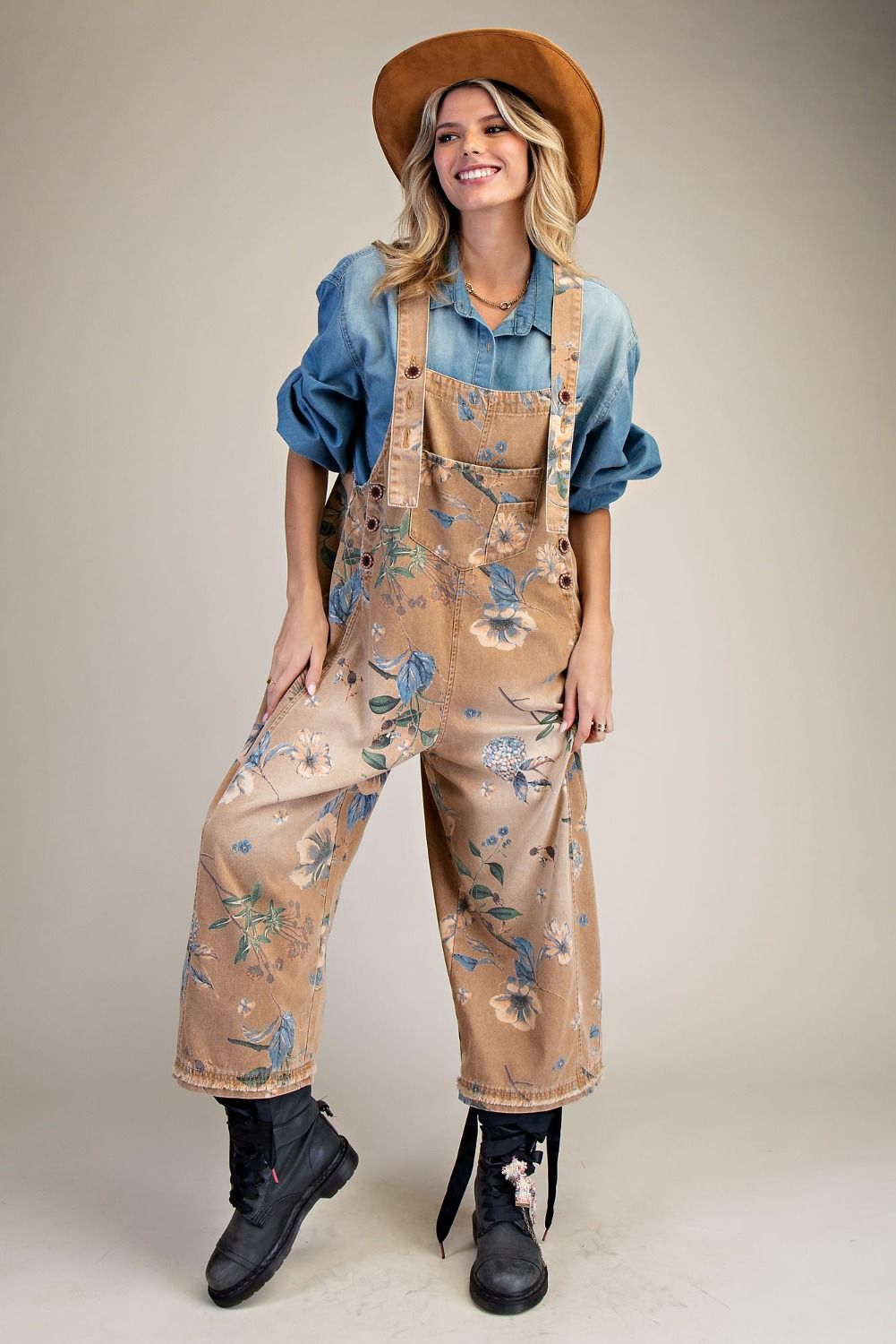 Flower Printed Washed Denim Overalls