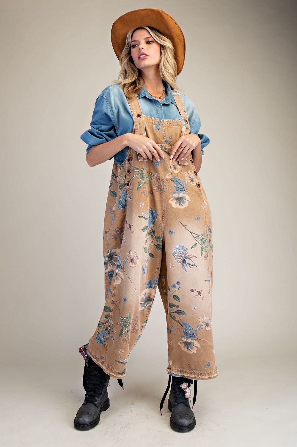 Flower Printed Washed Denim Overalls