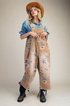 Flower Printed Washed Denim Overalls