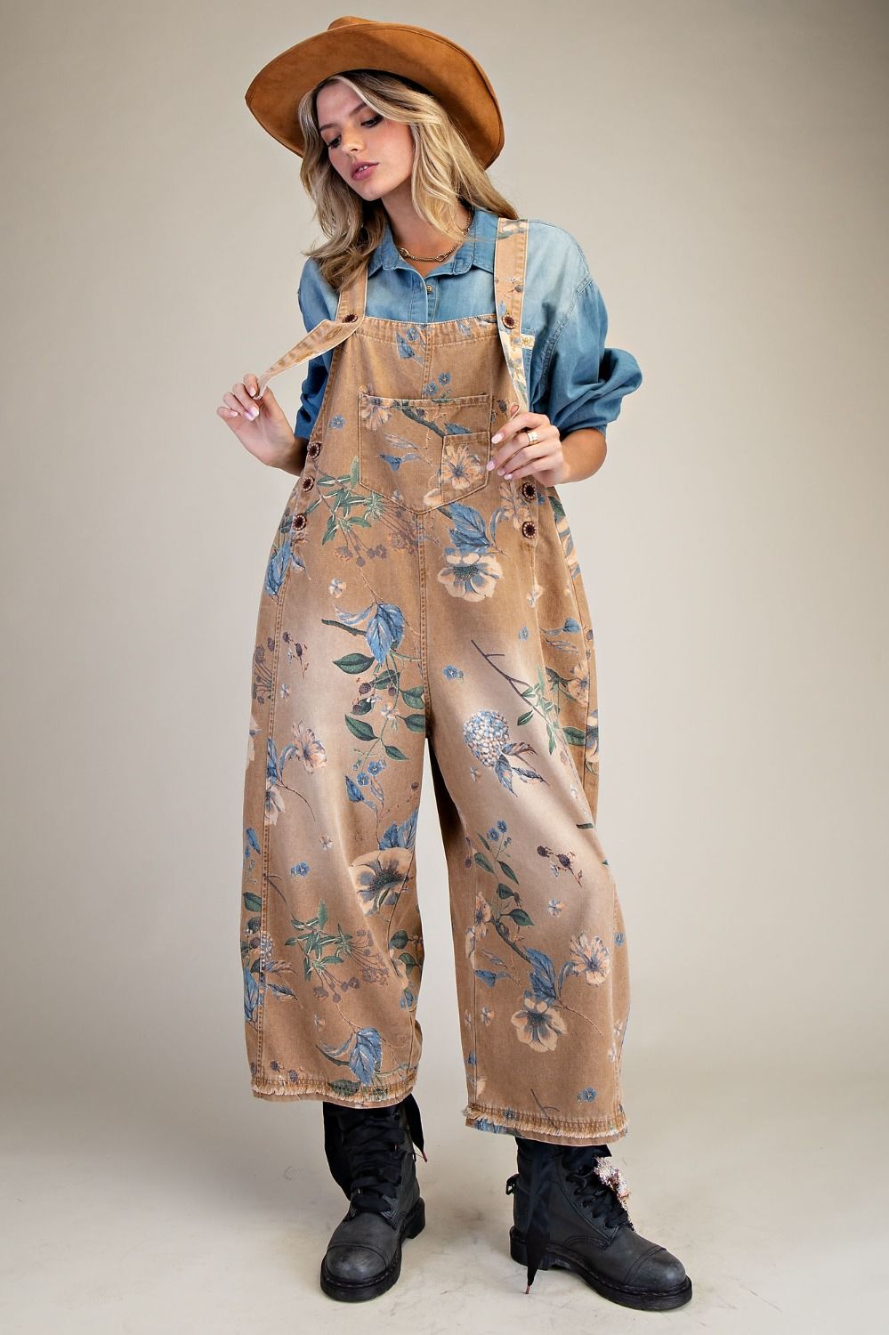 Flower Printed Washed Denim Overalls