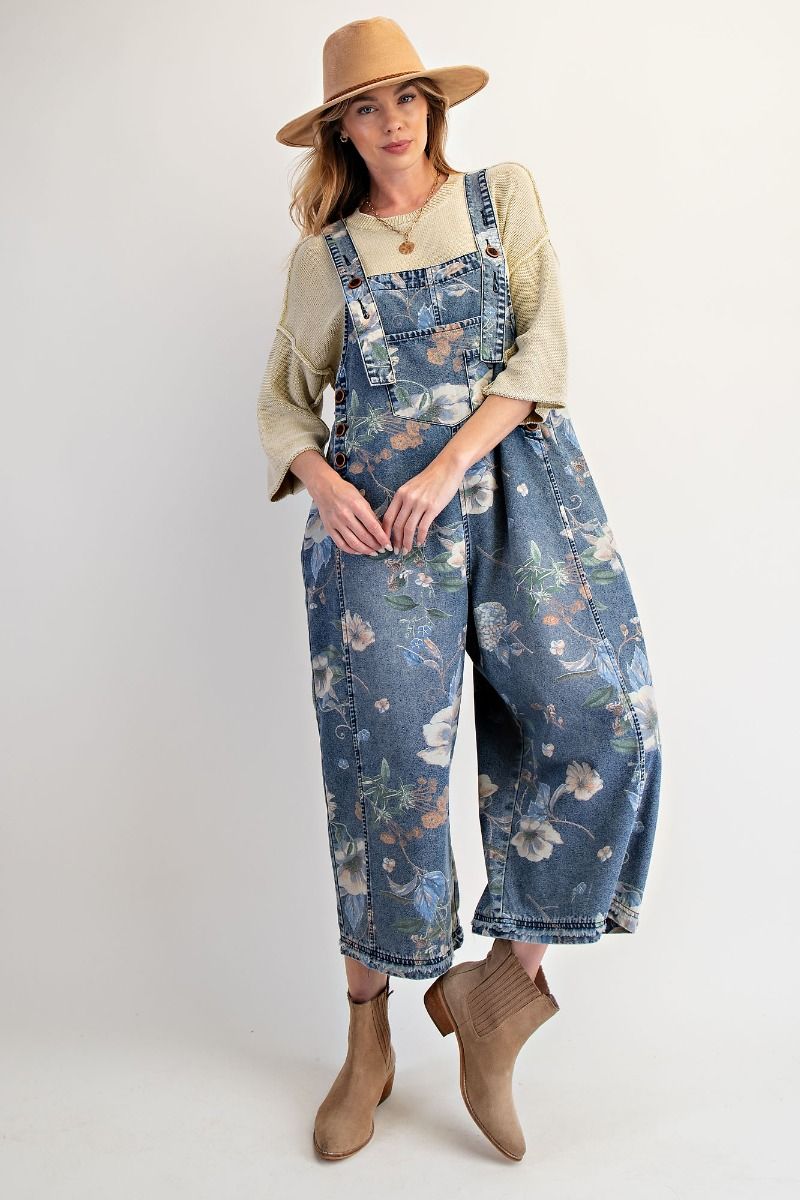 Flower Printed Washed Denim Overalls