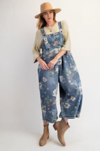 Flower Printed Washed Denim Overalls