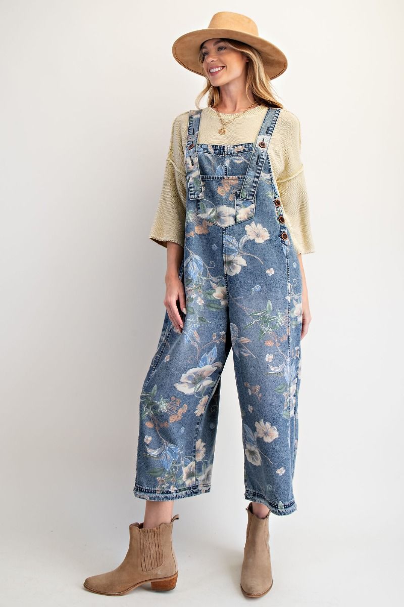 Flower Printed Washed Denim Overalls