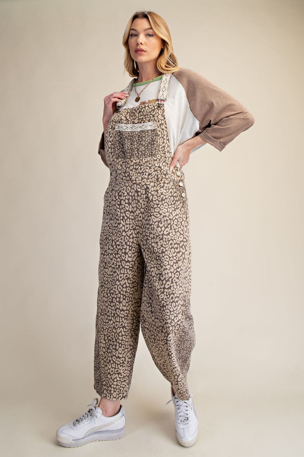 Leopard Print Washed Twill Overalls
