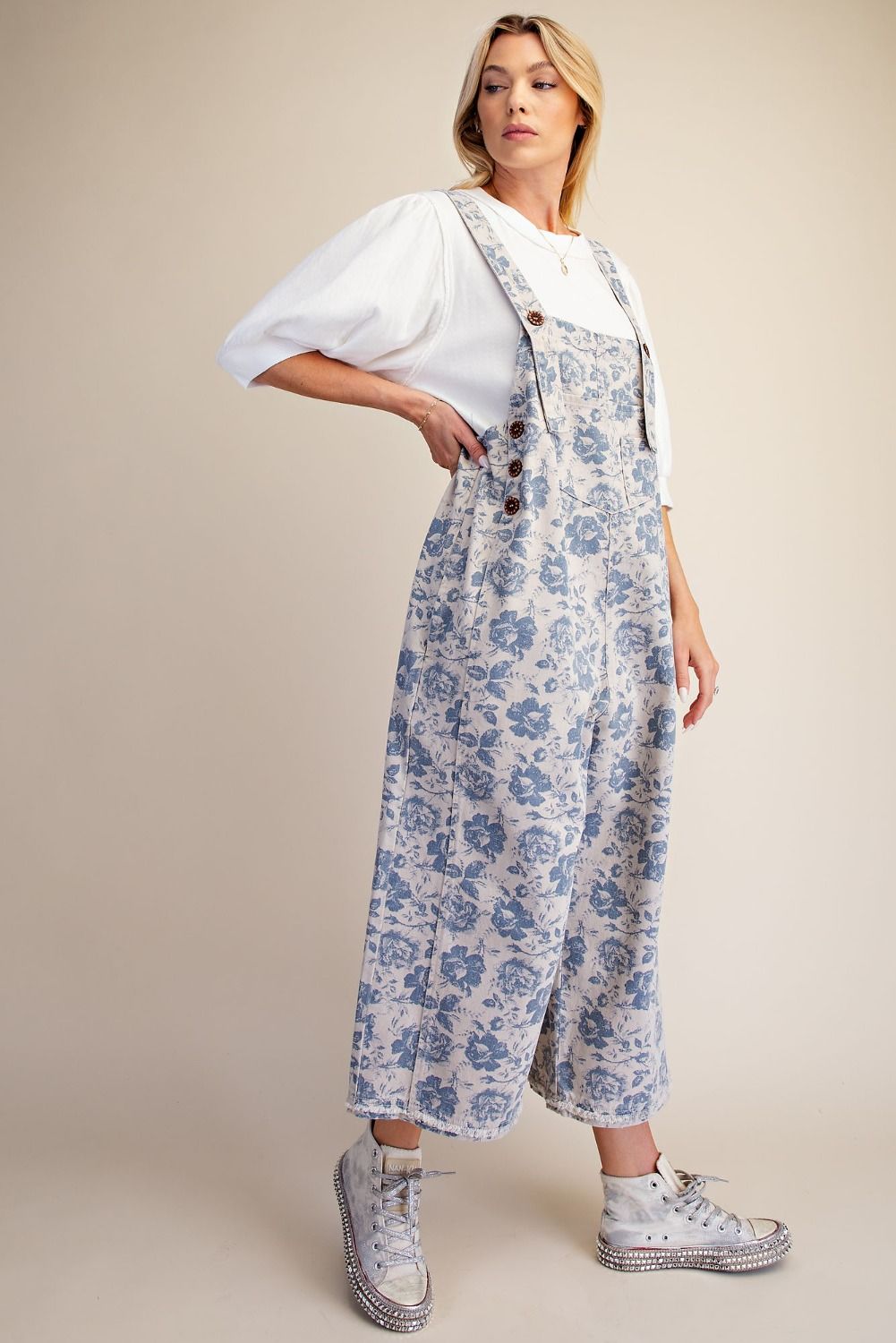 Floral Printed Enzyme Washed Overall Pants