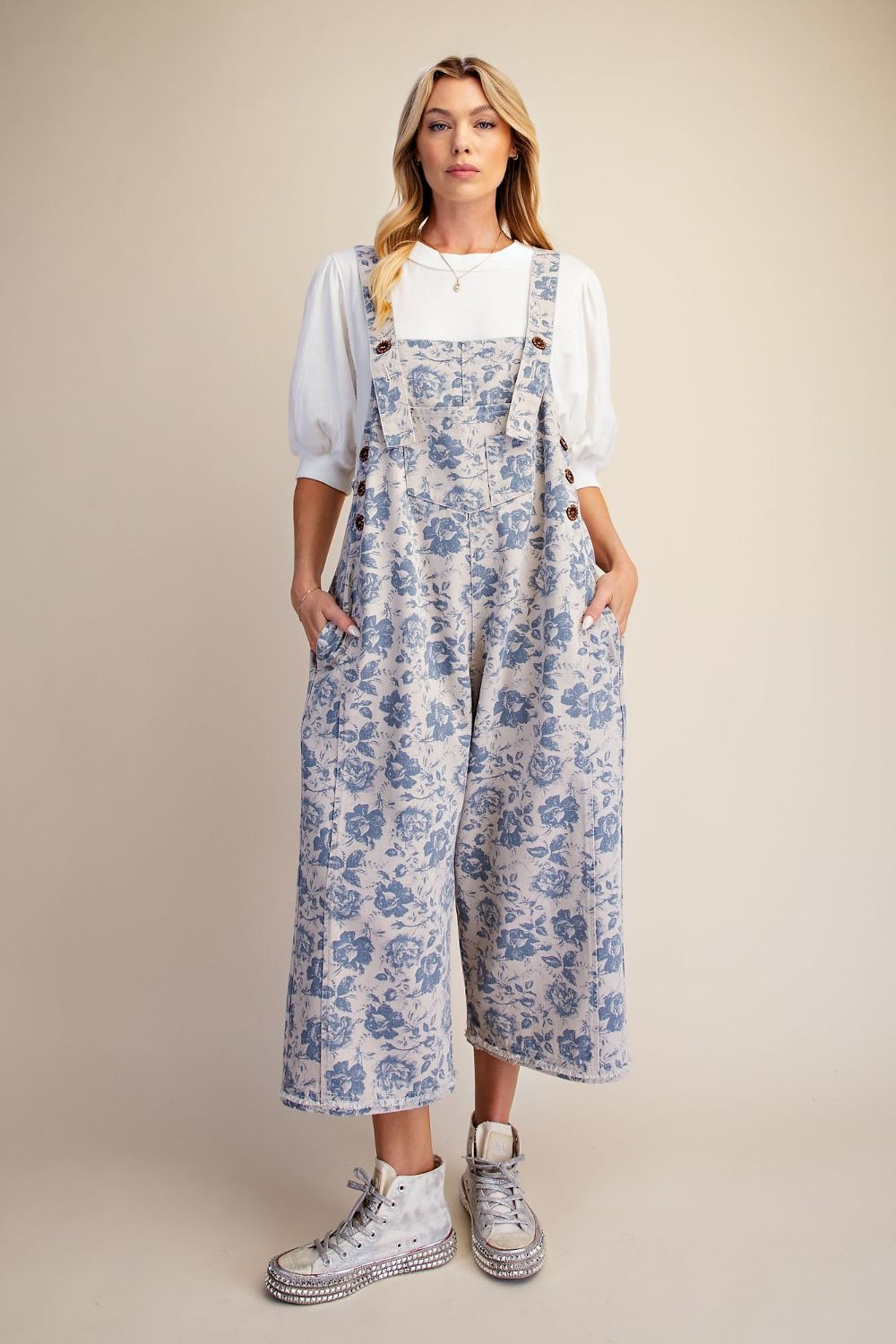 Floral Printed Enzyme Washed Overall Pants