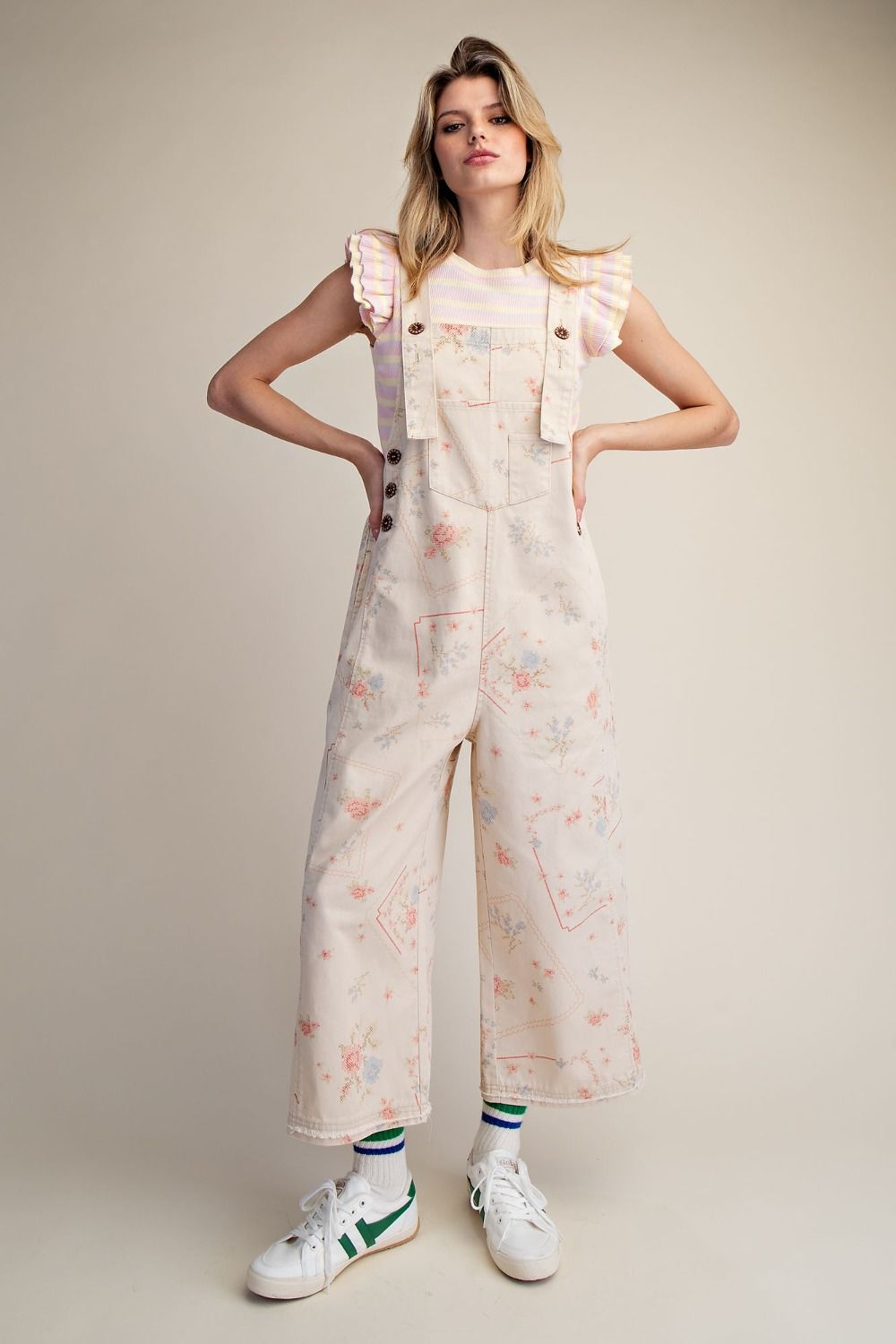 Floral Printed Washed Twill Overalls
